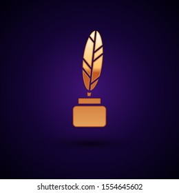 Gold Feather and inkwell icon isolated on dark blue background.  Vector Illustration