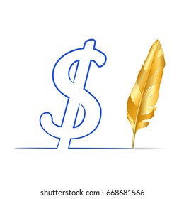 gold  feather pen  draw dollar sign  with blue ink