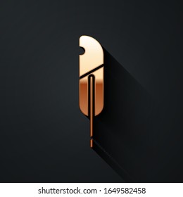 Gold Feather pen icon isolated on black background. Long shadow style. Vector Illustration
