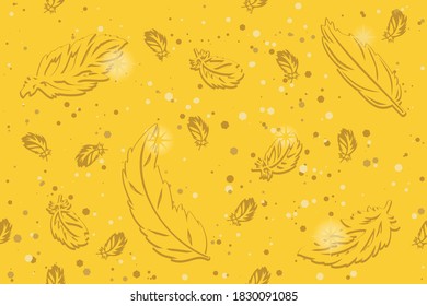gold feathers and glitter on gold background seamless pattern