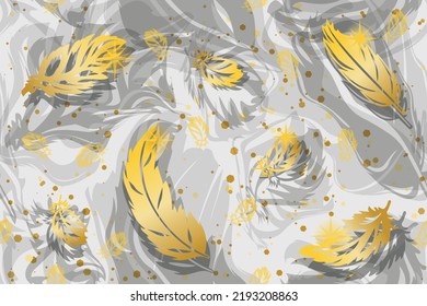 Gold feathers and glitter on light gray background seamless pattern