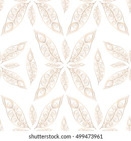 Gold feathers pattern seamless. Indian golden peacock feather vector print on white background. For fashion design, luxury invitation, party card, yoga and spa salon, animal wallpaper or fabric.