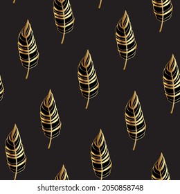 gold feathers pattern.Pattern with gold feathers.luxury wrapping paper.Art Deco style seamless pattern.Hand drawn golden feathers flying.Golden vintage ornament design for wallpaper,beauty spa salon
