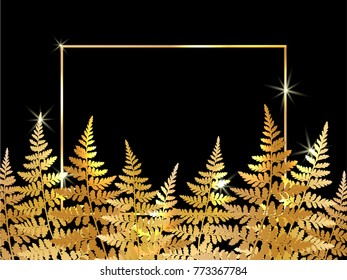 Gold fern frame vector illustration. Polypodiophyta plant bush leaves background decoration. Detailed bracken fern frond vector, jungle tropical forest grass herbs growing card border in gold.