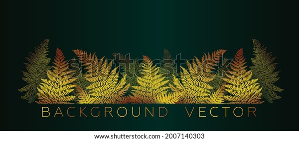 Gold fern leaves wallpaper design with line art texture, jungle, exotic botanical floral pattern. 