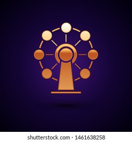 Gold Ferris wheel icon isolated on dark blue background. Amusement park. Childrens entertainment playground, recreation park.  Vector Illustration