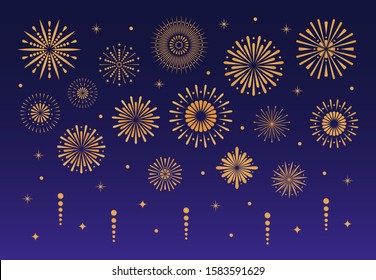 Ilustración de fuegos artificiales festivos de oro. Partido de petardos navideños celebra el destello, celebración de fuegos artificiales de explosión de brillantes dorados