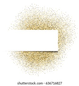 Gold festive frame. Background in the form of a sticker. Back from round sweets, glitter. A beautiful template for a poster, business card, invitation card, certificate, web, logo, postcard.