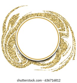 Gold festive frame. Background in the style of Modern. Back from round sweets, glitter. A beautiful template for a poster, business card, invitation card, certificate, web, logo, postcard.