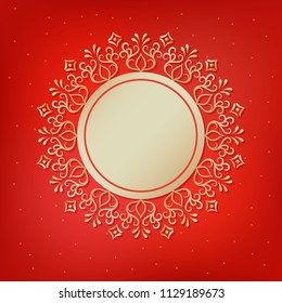 Gold festive frame, mandala, snowflake on a red background. Template for New Year's, Christmas cards, invitations.