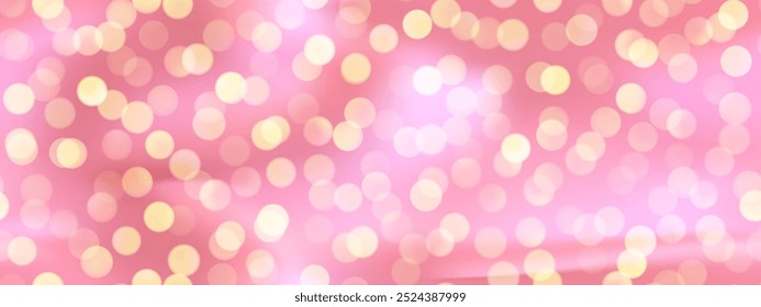 Ouro festivo glitter em rosa bg como um padrão sem costura. Círculos amarelos no fundo rosa desfocado. Ilustração vetorial com malha de gradiente e efeito de sobreposição