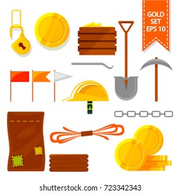 Gold fever set of many different objects, vector illustration isolated on white background, gold coins, bags, flags, hat, box with gold 