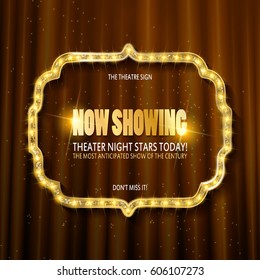 Gold figure frame with light bulbs on brown curtains background. vector design template