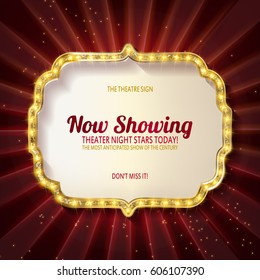 Gold figure frame with light bulbs on red curtains background. vector design template