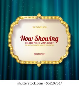 Gold figure frame with light bulbs on turquoise curtains background. vector design template
