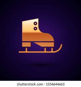 Gold Figure skates icon isolated on dark blue background. Ice skate shoes icon. Sport boots with blades.  Vector Illustration