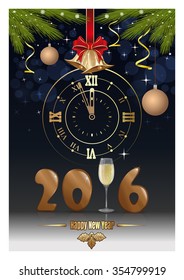 Gold figures 2016, clock, glass of champagne, jingle bells, fir branches and red ribbon with a bow. Happy New Year. Vector Christmas card.