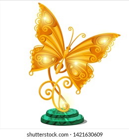 Gold figurine in the shape of a butterfly on a stand made of malachite isolated on white background. Vector cartoon close-up illustration.