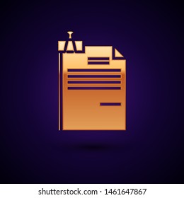 Gold File document and binder clip icon isolated on dark blue background. Checklist icon. Business concept.  Vector Illustration