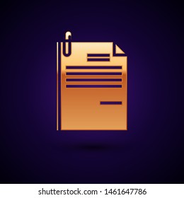 Gold File document and paper clip icon isolated on dark blue background. Checklist icon. Business concept.  Vector Illustration