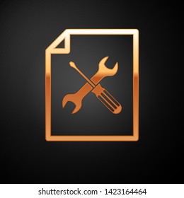 Gold File document with screwdriver and wrench icon isolated on black background. Adjusting, service, setting, maintenance, repair, fixing.  Vector Illustration