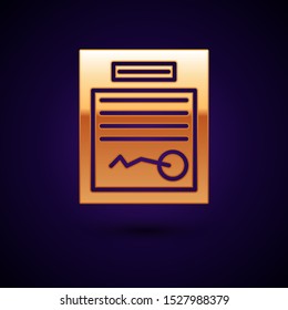 Gold Filled form icon isolated on dark blue background. File icon. Checklist icon. Business concept.  Vector Illustration