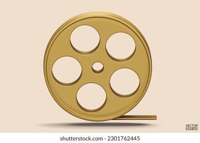 Goldfilmsymbol einzeln auf beigem Hintergrund. Videokamera Band 3D Zeichen Logo. Kamerakonduktionsfilm aufzeichnen 3D-Rendering-Film, Kino, Entertainment-Konzept. 3D-Vektorgrafik.