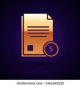 Gold Finance document icon isolated on dark blue background. Paper bank document with dollar coin for invoice or bill concept.  Vector Illustration