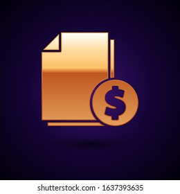 Gold Finance document icon isolated on dark blue background. Paper bank document with dollar coin for invoice or bill concept.  Vector Illustration