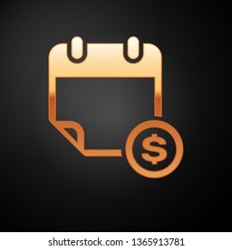 Gold Financial calendar icon isolated on black background. Annual payment day, monthly budget planning, fixed period concept, loan duration. Vector Illustration