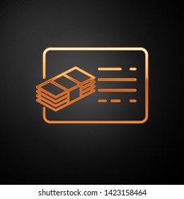 Gold Financial document line icon isolated on black background. Invoice and money icon. Budget planning, money saving and paying debt concept. Vector Illustration