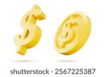 Gold financial symbols showing 3d dollar sign and coin with currency emblem. Shiny metallic monetary elements float on white background. Banking interface graphics or economic report illustrations.