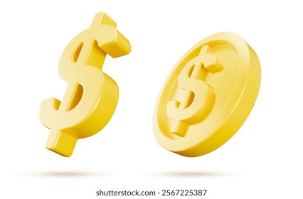 Gold financial symbols showing 3d dollar sign and coin with currency emblem. Shiny metallic monetary elements float on white background. Banking interface graphics or economic report illustrations.