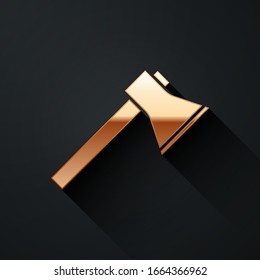 Gold Firefighter axe icon isolated on black background. Fire axe. Long shadow style. Vector Illustration