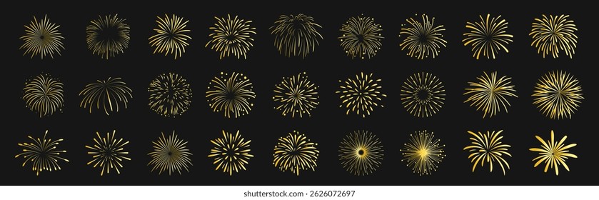 Conjunto de explosiones de fuegos artificiales de oro. Fondo de Vector de fiesta de carnaval sobre fondo oscuro