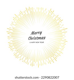 Gold firework with Merry Christmas and Happy New Year inscription. Explosion with  line rays Christmas card isolated on white background. Vector illustration