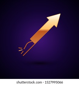 Gold Firework rocket icon isolated on dark blue background. Concept of fun party. Explosive pyrotechnic symbol.  Vector Illustration