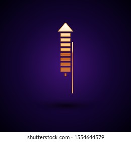 Gold Firework rocket icon isolated on dark blue background. Concept of fun party. Explosive pyrotechnic symbol.  Vector Illustration
