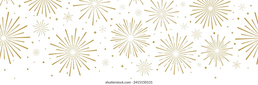 Gold firework vector banner, seamless repeating pattern for new year celebration, greeting card decoration element, simple golden border design, isolated