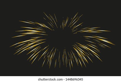 Gold Fireworks drawn by lines. Sun burst, star burst sunshine. Radiating from the center of thin beams, lines. Dynamic style. Abstract explosion, speed motion lines from the middle, radiating sharp