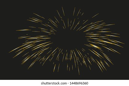 Gold Fireworks drawn by lines. Sun burst, star burst sunshine. Radiating from the center of thin beams, lines. Dynamic style. Abstract explosion, speed motion lines from the middle, radiating sharp