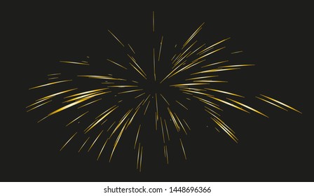 Gold Fireworks drawn by lines. Sun burst, star burst sunshine. Radiating from the center of thin beams, lines. Dynamic style. Abstract explosion, speed motion lines from the middle, radiating sharp