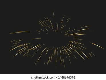 Gold Fireworks drawn by lines. Sun burst, star burst sunshine. Radiating from the center of thin beams, lines. Dynamic style. Abstract explosion, speed motion lines from the middle, radiating sharp