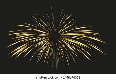Gold Fireworks drawn by lines. Sun burst, star burst sunshine. Radiating from the center of thin beams, lines. Dynamic style. Abstract explosion, speed motion lines from the middle, radiating sharp
