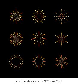 Gold fireworks explosotion vector shape on black background. New Year and Christmas collection