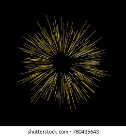 Gold fireworks Festive background Radiating from the center of thin beams, lines. Vector illustration. Dynamic style. Abstract explosion, speed motion lines from the middle, radiating sharp