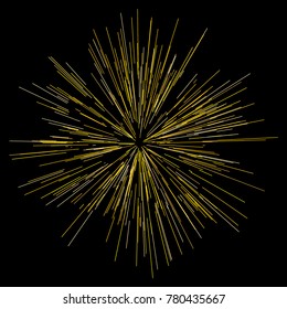 Gold fireworks Festive background Radiating from the center of thin beams, lines. Vector illustration. Dynamic style. Abstract explosion, speed motion lines from the middle, radiating sharp