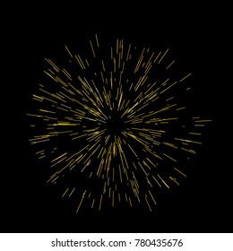 Gold fireworks Festive background Radiating from the center of thin beams, lines. Vector illustration. Dynamic style. Abstract explosion, speed motion lines from the middle, radiating sharp
