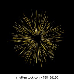 Gold fireworks Festive background Radiating from the center of thin beams, lines. Vector illustration. Dynamic style. Abstract explosion, speed motion lines from the middle, radiating sharp