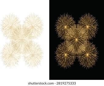 Gold fireworks flower cluster set isolated on white and black background vector